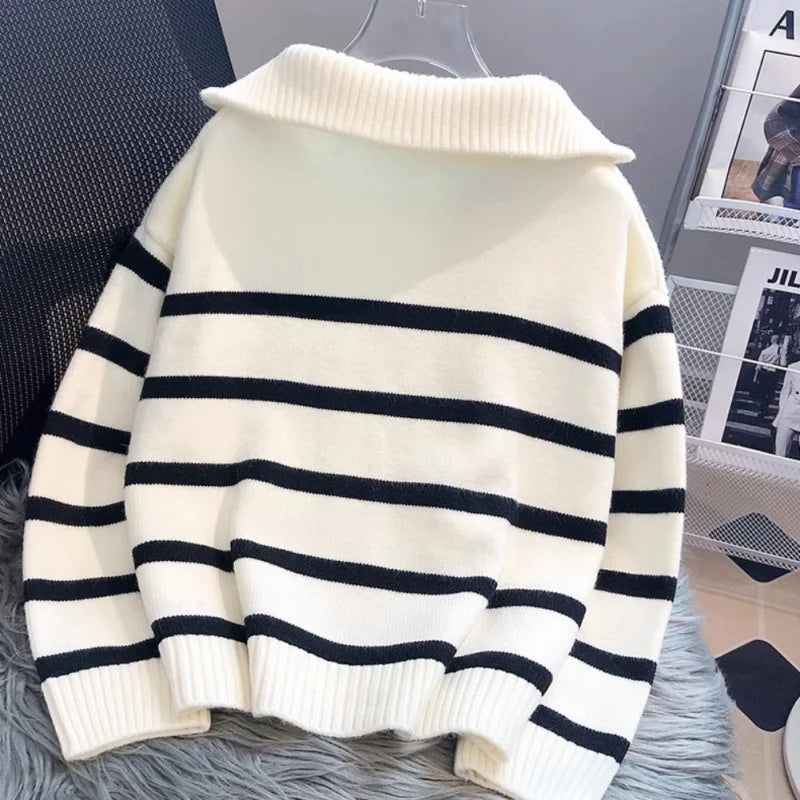 Dames Trui Herfst/Winter - Verdikt Gestreept Jack met Rits en Korte Pasvorm