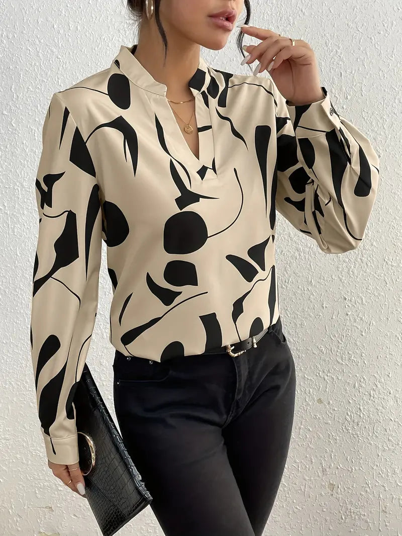 Stijlvolle Geo-Print Blouse met V-Hals – Perfect voor Lente en Herfst (Met Gratis Ketting!)
