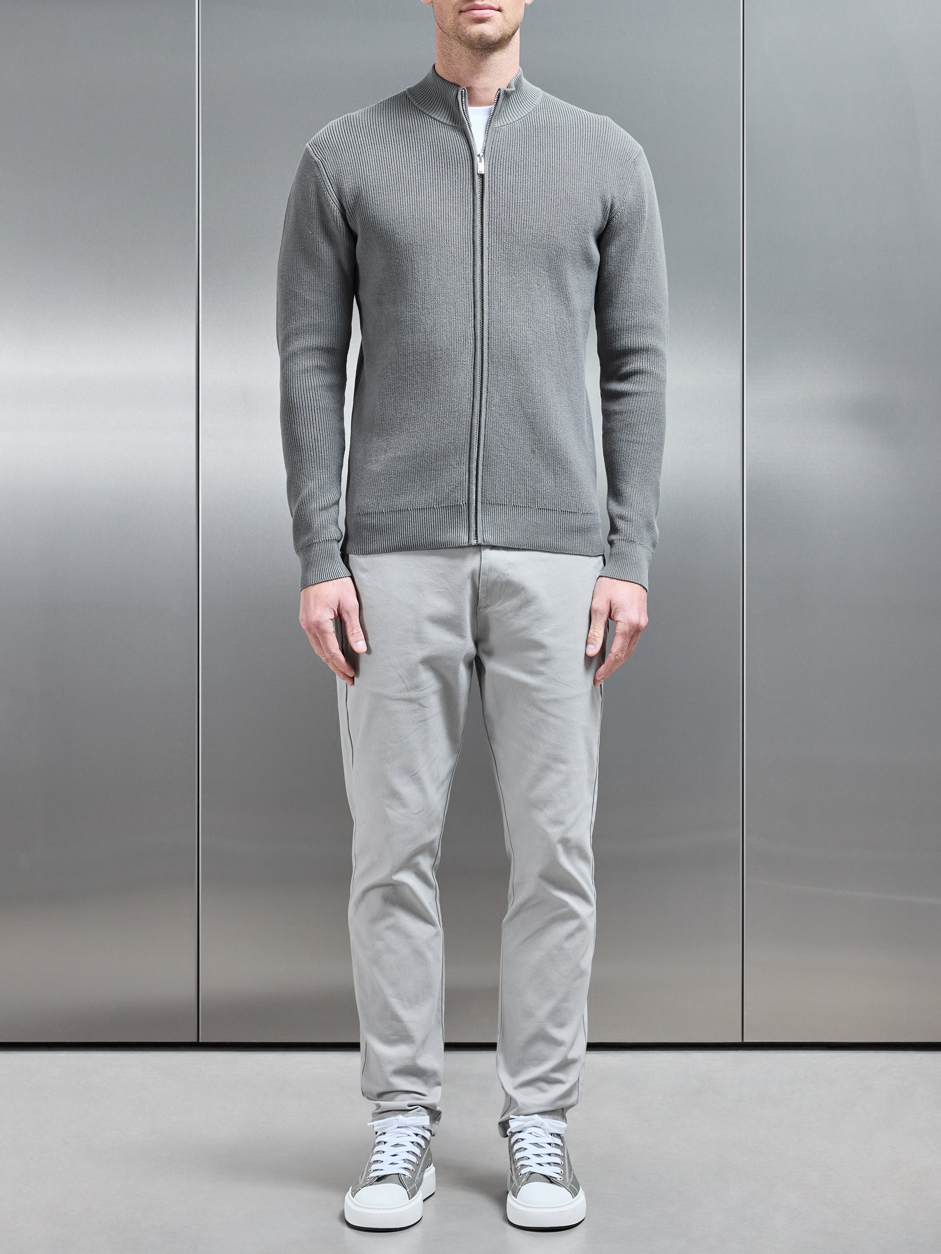 Knitted Ribbed Funnel Neck Zip Through Jacket in Sage