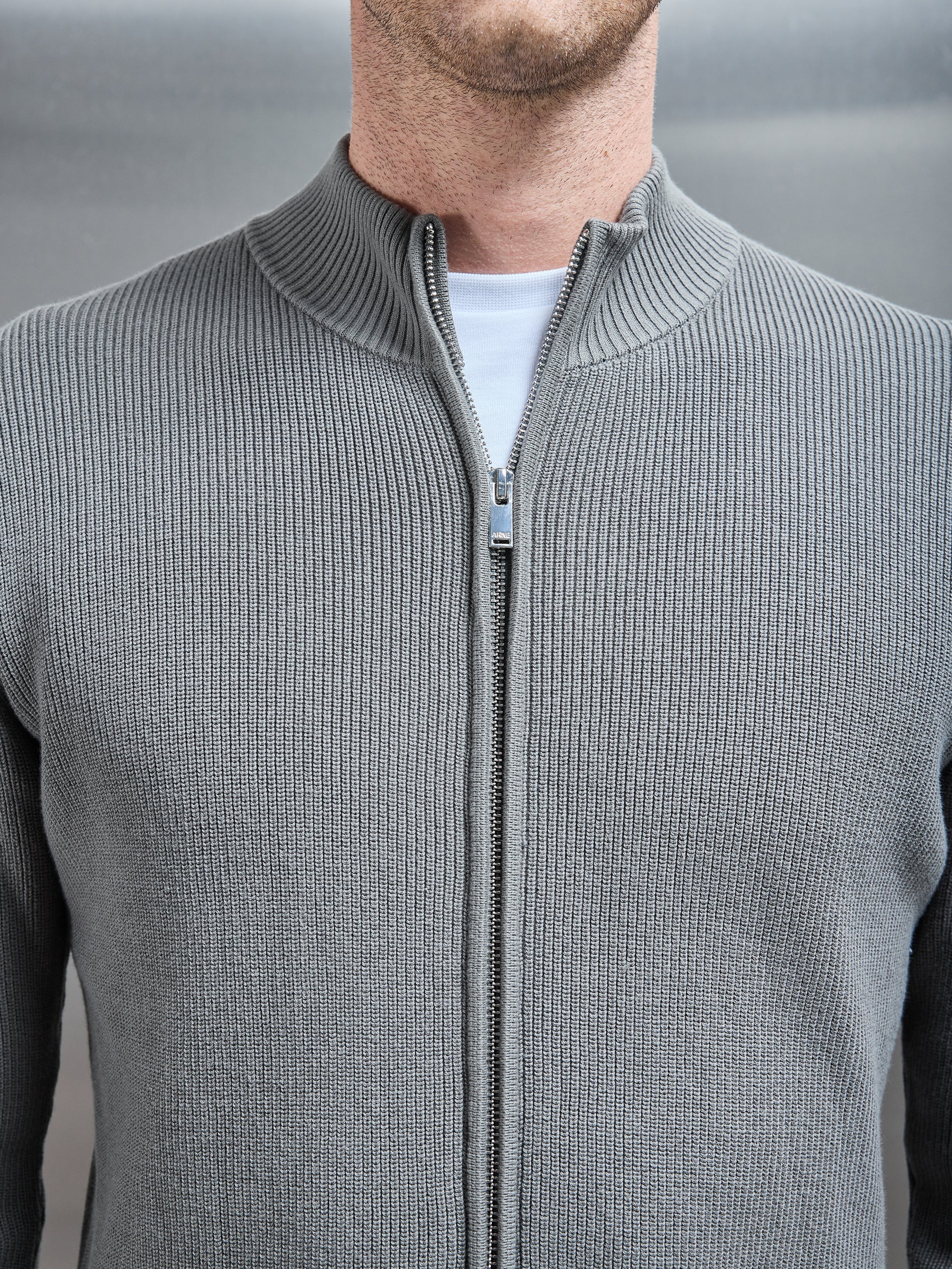 Knitted Ribbed Funnel Neck Zip Through Jacket in Sage