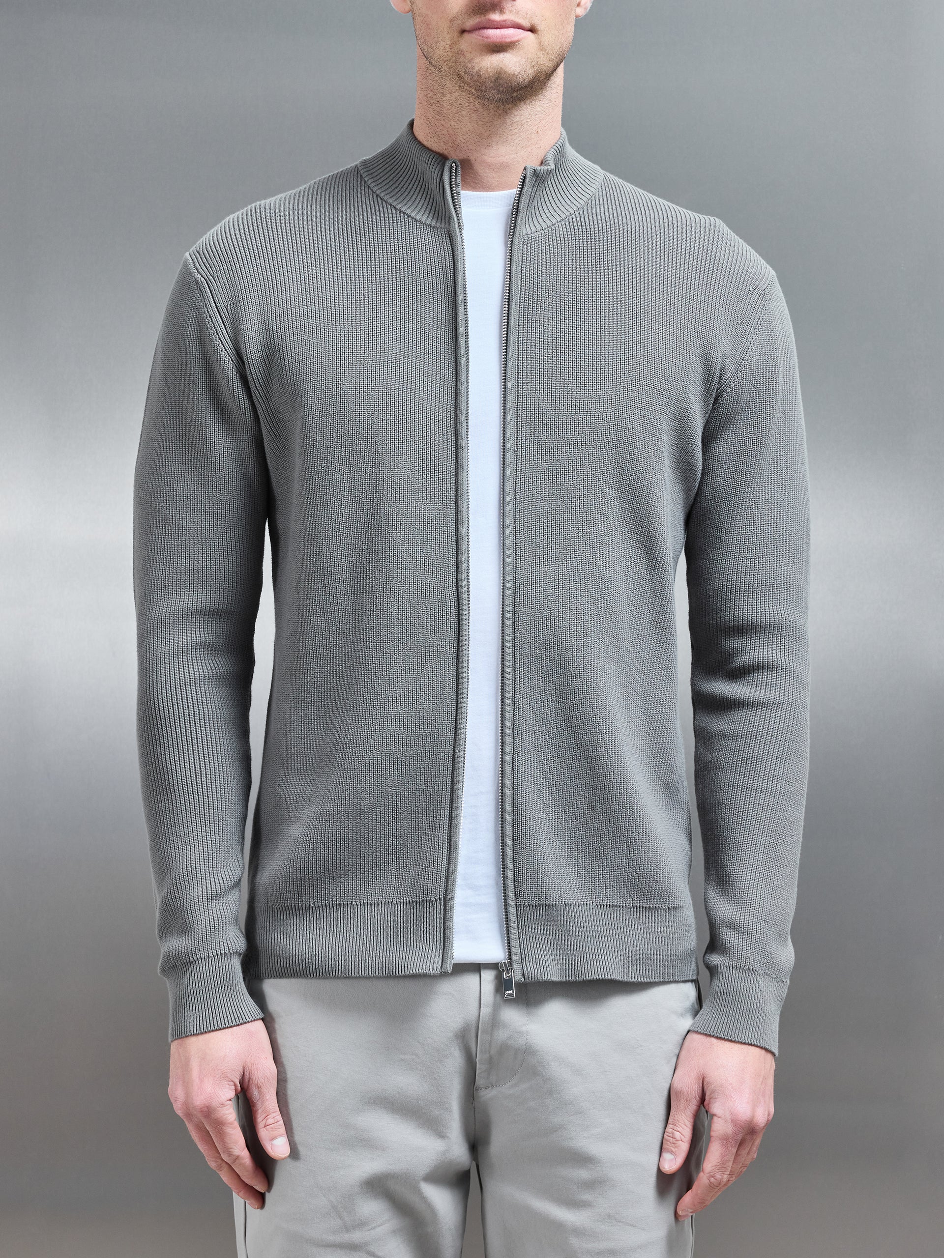 Knitted Ribbed Funnel Neck Zip Through Jacket in Sage